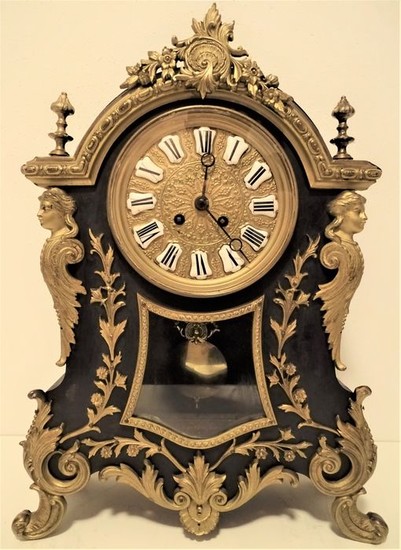 Empire fireplace clock - Bronze (gilt/silvered/patinated/cold painted), Enamel, Glass, Wood, Chestnut - Second half 19th century
