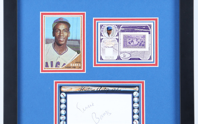 Ernie Banks Signed Cubs Custom Framed Cut Display with (2) Trading Cards (Beckett)