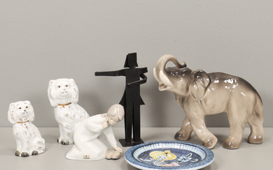FAT Tilgmans ceramic, elephant, dogs 2 pcs, figurine Lladro, metal figurine signed ÖH.