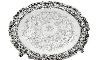 FINE AMERICAN 925 STERLING SILVER CHASED ROUND REPOSSE PLATTER TRAY WITH FEET