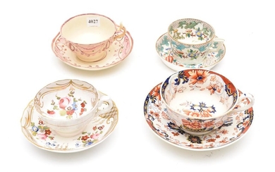FOUR 19TH CENTURY CUPS AND SAUCERS INCLUDING GEORGE FREDERICK BOWERS