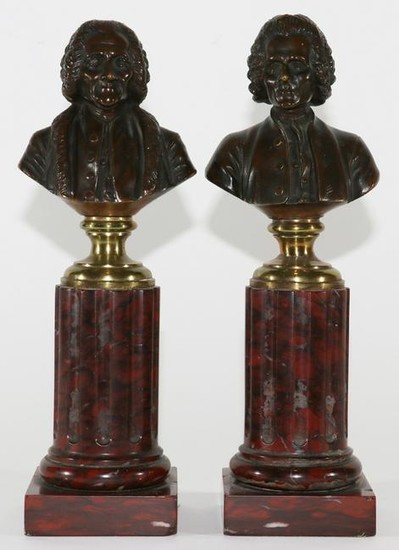 FRENCH BRONZE BUSTS, ROUGE MARBLE COLUMNS, 19TH C.