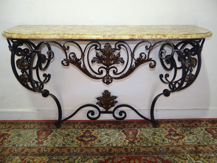 FRENCH MARBLE TOP WROUGHT IRON CONSOLE TABLE