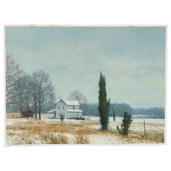 Farmhouse Landscape Oil Painting "Winter Cedar," 1989