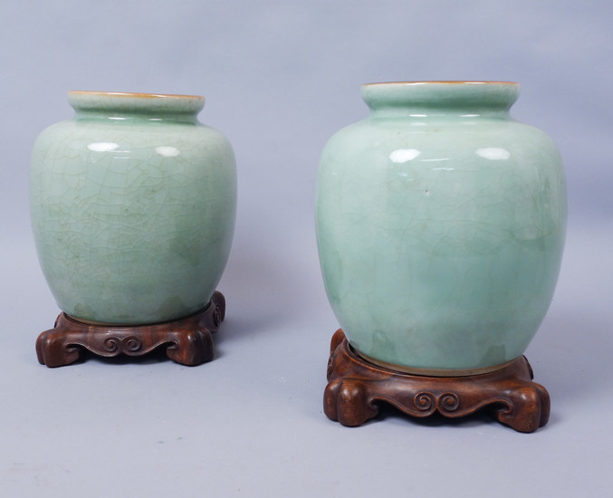 Fine Pair At least Early 20c Celadon Glaze Porcelain Vases FR3SHMA
