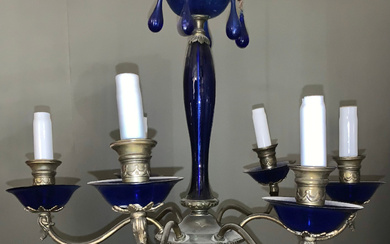 Five-light ceiling lamp in cobalt blue glass and brass, from the first half of the 20th century.