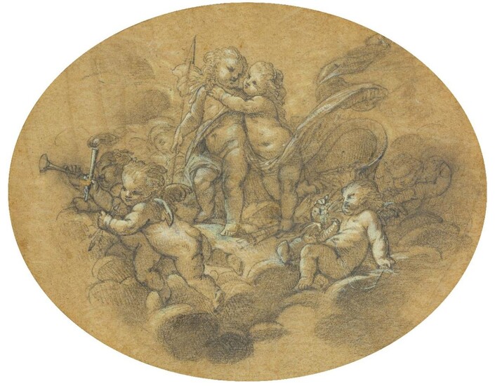 Follower of Giuseppe Passeri, Italian 1654-1714- Study of putti amongst clouds; pencil heightened with white on paper, oval, 16.1 x 20.4 cm. Provenance: Private Collection, UK.