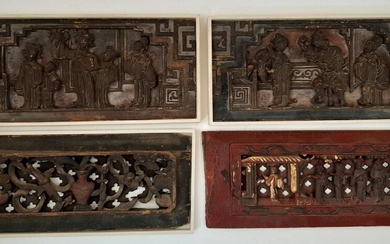 Four Chinese carved wood rectangular panels, 20th century, to include three with a white frame, two high relief carvings of domestic settings, one a high relief carving of a vase with foliage and two censors, and one in shallow relief of five...
