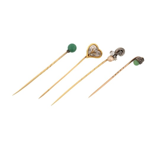 Four gem-set stick pins; A heart-shaped stick pin with folia...