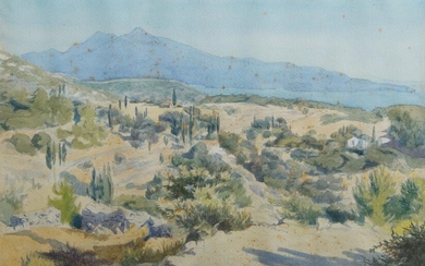 Francis le Marchant, British b.1939- The Coast of Turkey from Samos; watercolour, signed with initials, 35 x 50 cm (ARR) Provenance: with Sally Hunter Fine Art Limited, London, according to the label attached to the reverse of the frame