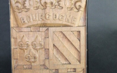 French Bourgogne relief carved oak coat of arms crest