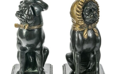 French Bronze Pair "Boy & Girl" Bulldog Sculptures