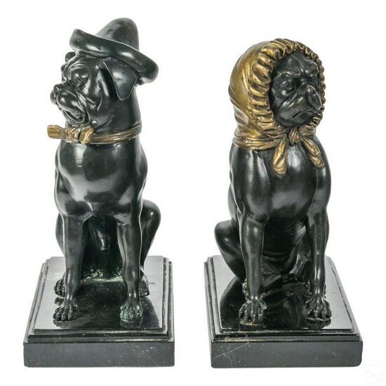 French Bronze Pair "Boy & Girl" Bulldog Sculptures