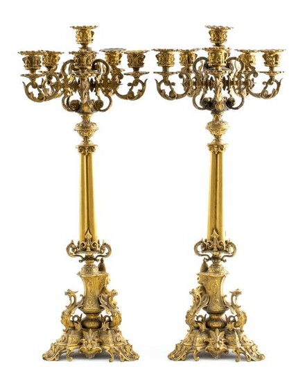 French Gothic Revival Brass Candelabra, Pair