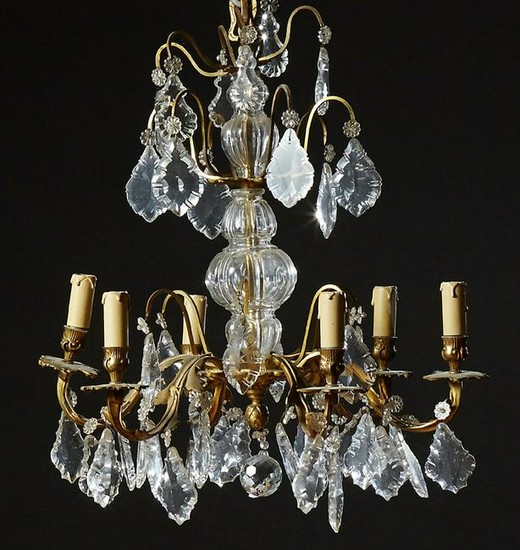 French Louis XV Style Bronze and Crystal Six Light