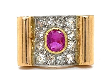 French Retro 18K Yellow Gold Burma Ruby & Diamond Ring