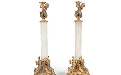 French Rock Crystal, Bronze Figural Candlesticks