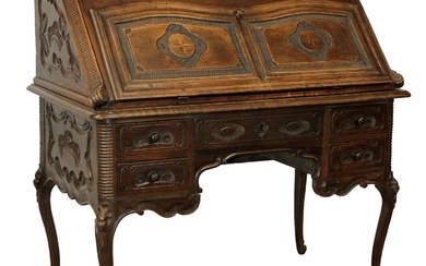 French fall front secretary desk in carved walnut