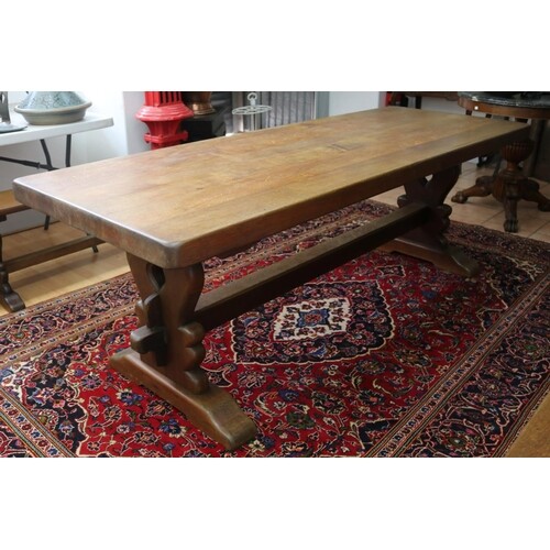 French solid oak monastery style trestle table, standing on ...
