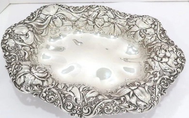 GORHAM STERLING SILVER ANTIQUE FLOWER-DECORATED FOOTED SERVING BOWL 18.25 INCHES