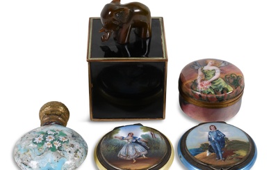 GROUP OF FIVE CONTINENTAL SMALL ENAMELED ITEMS, 19TH CENTURY AND LATER