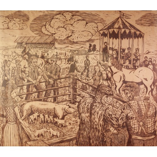 GT OR GJ (MODERN) WOODCUT Village fete with livestock, horse...