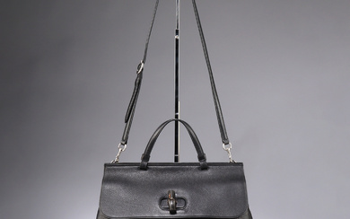 GUCCI. 'Bamboo Daily' top shopping bag/shoulder bag in black Pebbled leather