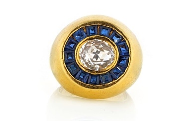 GYPSY 18K Yellow Gold Oval Rose Cut Diamond And Princess Cut Sapphire Ring