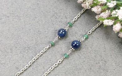 Gemstone Beads Necklace : Natural Blue Sapphire Round Ball With Emerald Beads 925 Sterling Silver Chain Necklace 18" Gift for HER