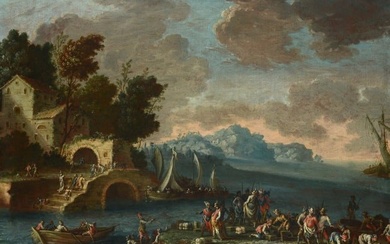 Gherardo Poli (1674, - 1739) - Capriccio con approdo fluviale