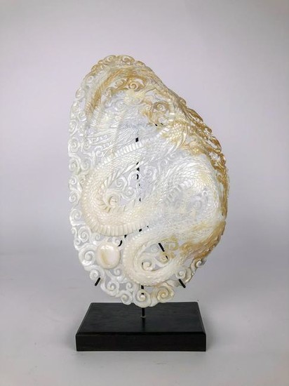 Giant intricately carved Mother of Pearl Shell with