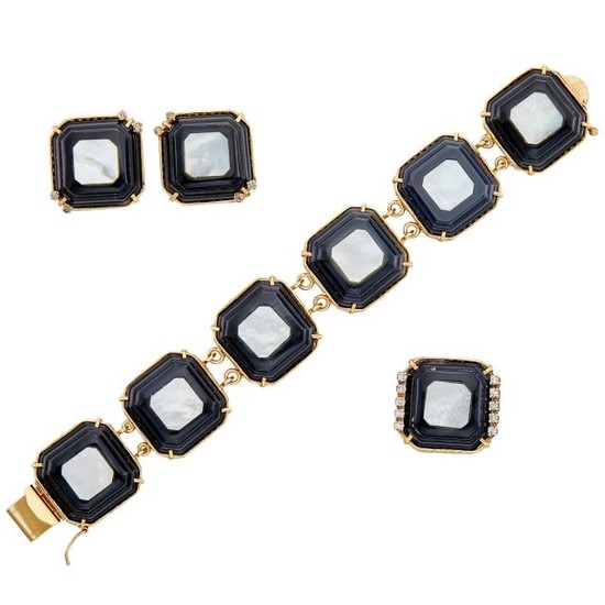 Gold, Black Onyx, Mother-of-Pearl and Diamond Bracelet, Pair of Earclips and Ring