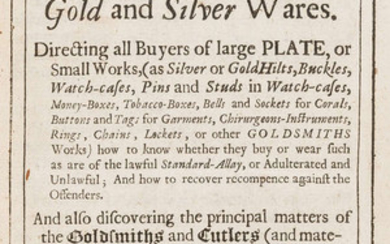 Gold & Silver.- Badcock (William) A New Touch-Stone for Gold and Silver Wares, second edition, for F. Bellinger...and T. Basset, 1679.