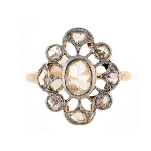 Gold and platinum "flower" ring enriched with rose-cut diamonds -...