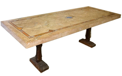 Grande tavolo con piano in marmi policromi e gambe in legno massello, XX secolo, cm 77x202x82, (difetti)