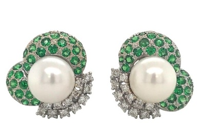 Green Tsavorite Diamond Pearl Earrings 2.72 Carat 18K White Gold