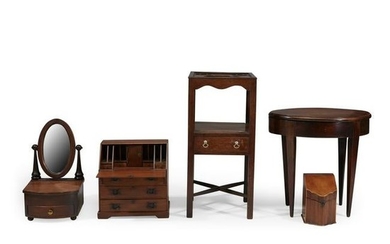 Group of five miniature mahogany furniture items