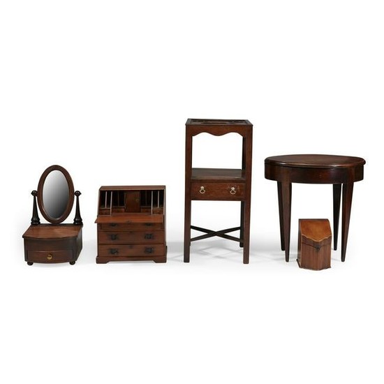 Group of five miniature mahogany furniture items