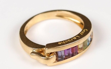 Guy LAROCHE, Yellow gold ring (750) set with calibrated fine stones: amethyst, citrine, peridot, aquamarine, iolite. T: 53, Gross weight: 4.73 gr.
