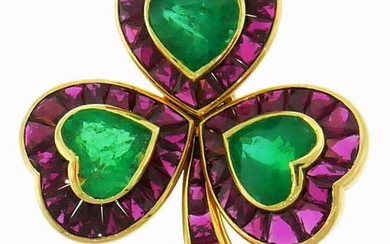 HEMMERLE Ruby Emerald Gold Clover Pin BROOCH Clip 1980s