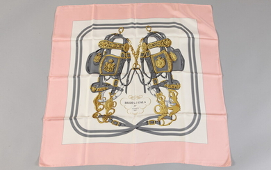 HERMES GOLD, GREY AND WHITE SILK "CARRE" SCARF WITH PALE...
