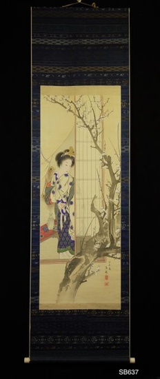 Hanging scroll, Painting - Silk - 'Bunrin' 文林 - Chinese beauty viewing Ume tree - With signature and seal 'Bunrin' 文林 with wooden storage box - Japan - 1800-1890(Late Edo / Early Meiji period)
