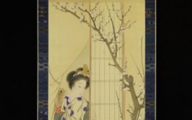 Hanging scroll, Painting - Silk - 'Bunrin' 文林 - Chinese beauty viewing Ume tree - With signature and seal 'Bunrin' 文林 with wooden storage box - Japan - 1800-1890(Late Edo / Early Meiji period)