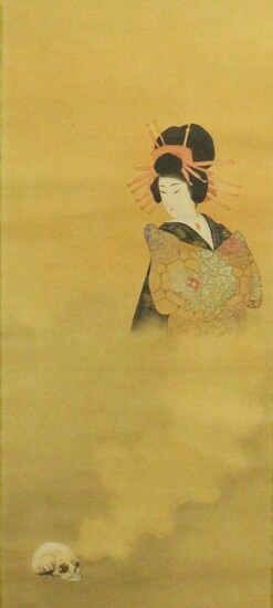 Hanging scroll painting - Silk - After a print by Tomioka Eisen 富岡永洗 (1964-1905) - Skull and Jigoku Dayū 髑髏と地獄大夫 - Japan - ca 1910-20s (Late Meiji/Early Taisho)