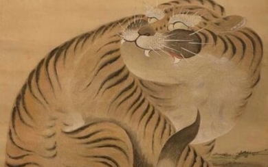 Hanging scroll painting - Silk, Antler shaft head and identification certificate - Attributed to Maruyama Okyo (1733-1795) - Resting tiger - Artist's masterpiece - Museum quality - Japan - 1786 (Tenmei 6)