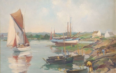 Henri BURON (1880-1969) "Small Breton port" hsc sbd dated 1962 38x46