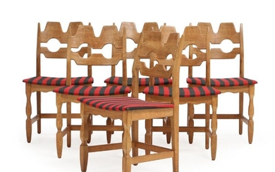 SOLD. Henry Kjærnulf: A set of six oak chairs, upholstered in seats with red and black striped wool. (6) – Bruun Rasmussen Auctioneers of Fine Art