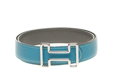 Hermès - Ceinture Reverso en cuir grainé bleu jean et cuir box gris Belt