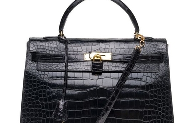 Hermès - Kelly 35 bandoulière en cuir de Crocodile Porosus noir, garniture en métal plaqué or Handbag