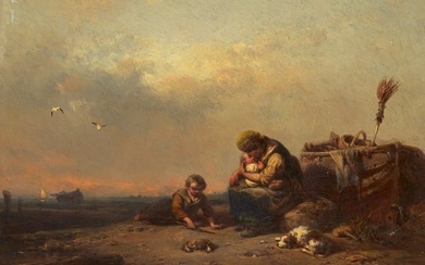 Hildebrandt, Eduard Schiffsbrüchige Familie am Strand. 1854. Öl auf Leinwand. 26 x 33,5